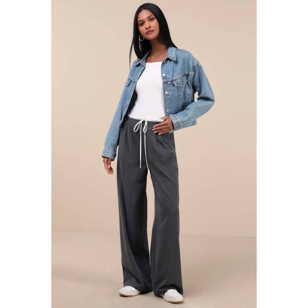 Lulus Chic Agency Grey And White Drawstring Trouser Pants - Size S